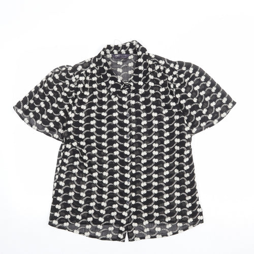 Marks and Spencer Womens Black Floral Polyester Basic Button-Up Size 8 Collared
