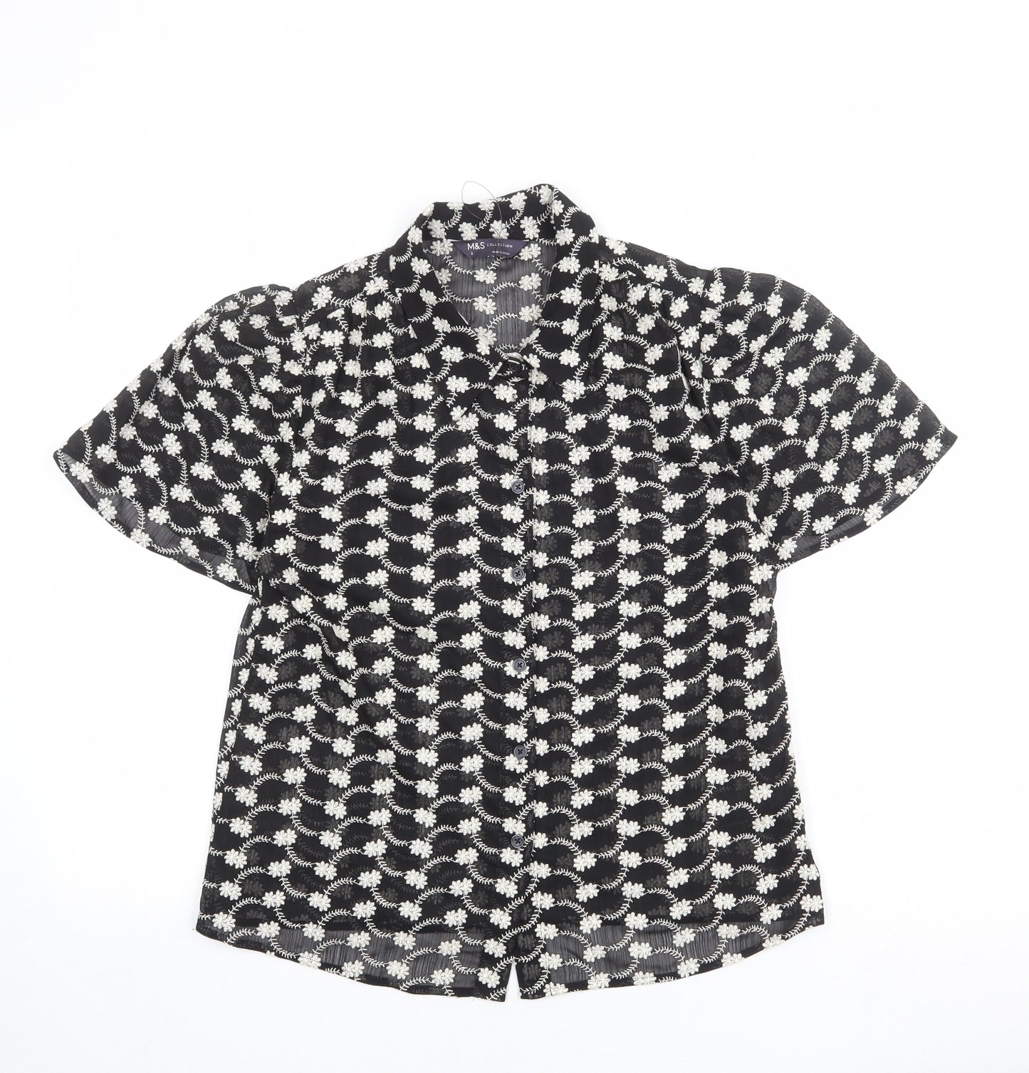 Marks and Spencer Womens Black Floral Polyester Basic Button-Up Size 8 Collared