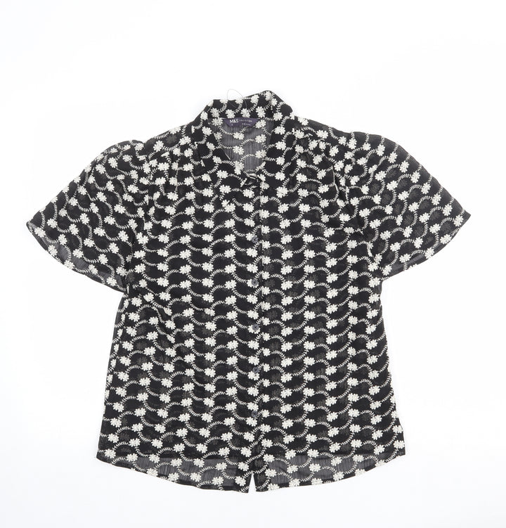 Marks and Spencer Womens Black Floral Polyester Basic Button-Up Size 8 Collared