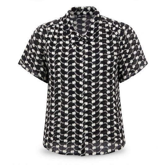 Front view of Marks & Spencer women’s black floral polyester basic button-up, size UK 8, collared