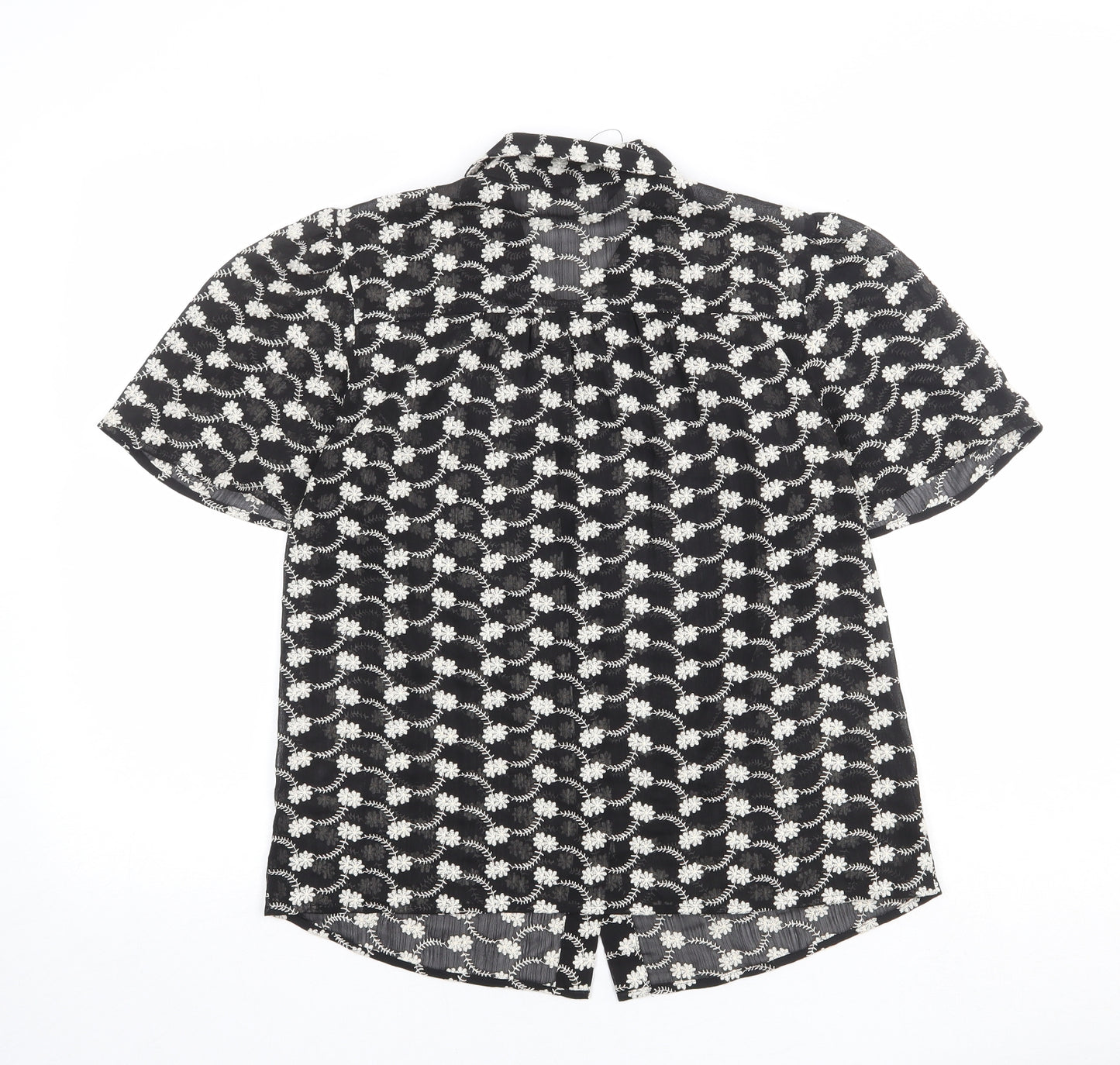 Marks and Spencer Womens Black Floral Polyester Basic Button-Up Size 8 Collared