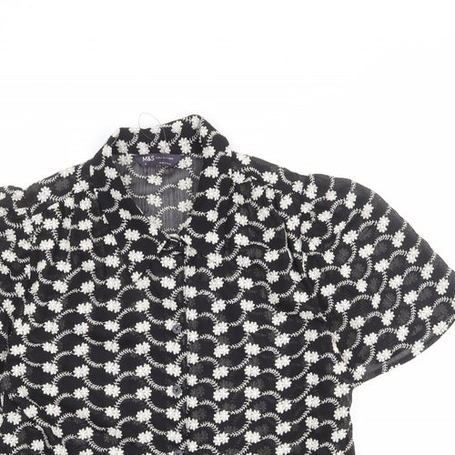 Marks and Spencer Womens Black Floral Polyester Basic Button-Up Size 8 Collared