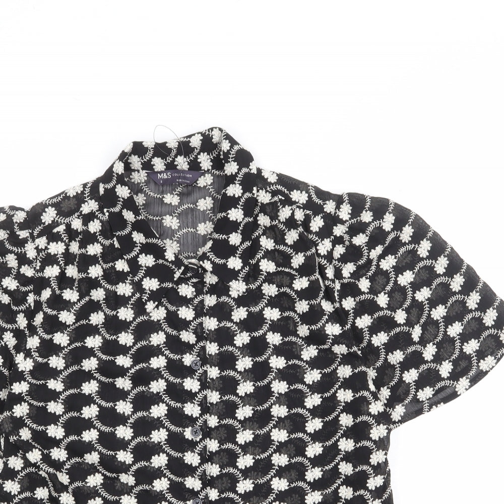 Marks and Spencer Womens Black Floral Polyester Basic Button-Up Size 8 Collared