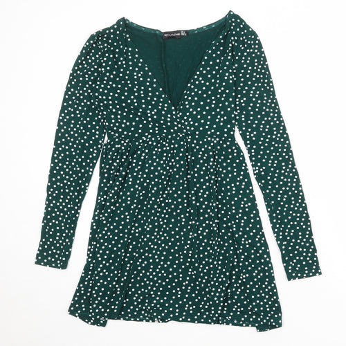 PRETTYLITTLETHING Womens Green Polka Dot Viscose A-Line Size 14 V-Neck Pullover