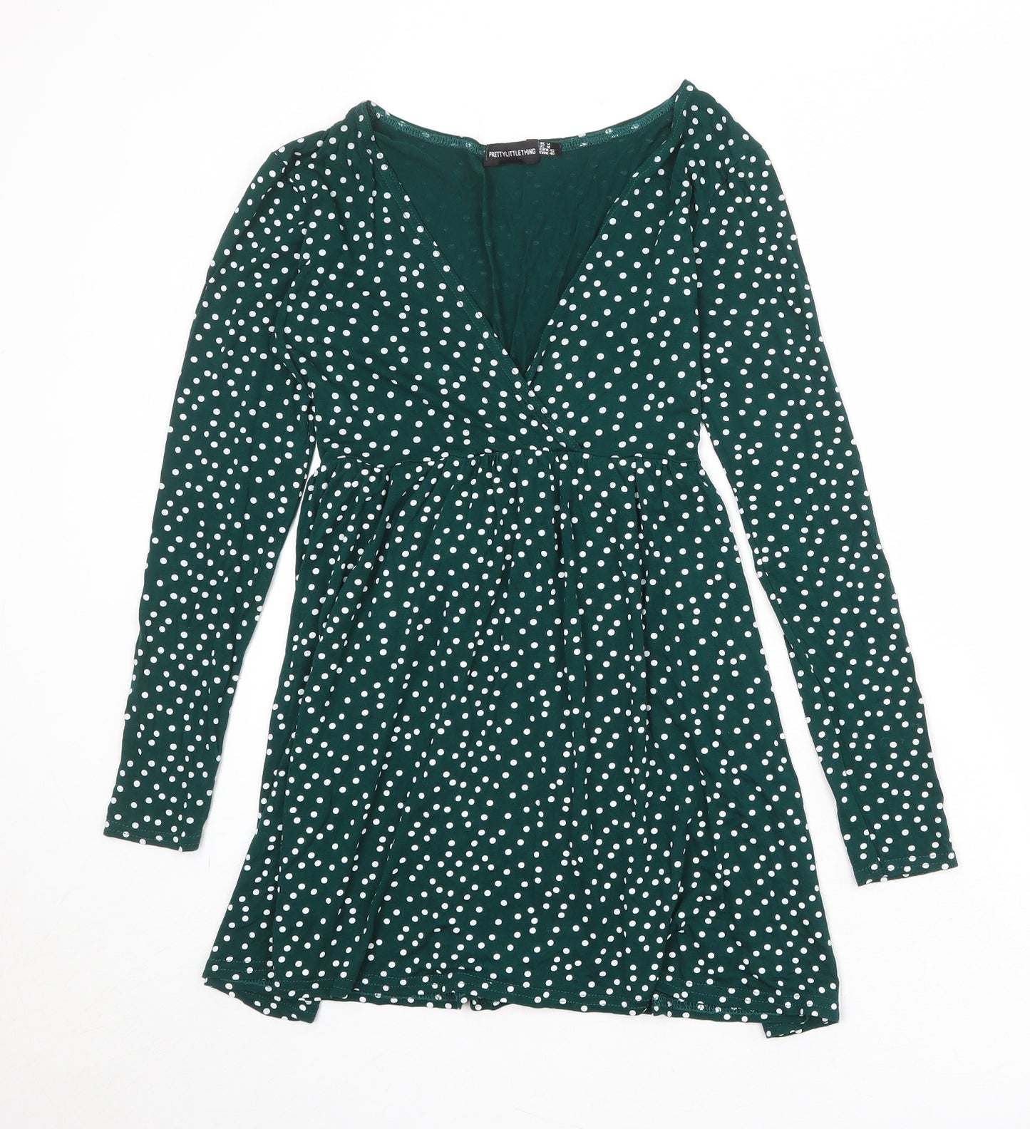 PRETTYLITTLETHING Womens Green Polka Dot Viscose A-Line Size 14 V-Neck Pullover