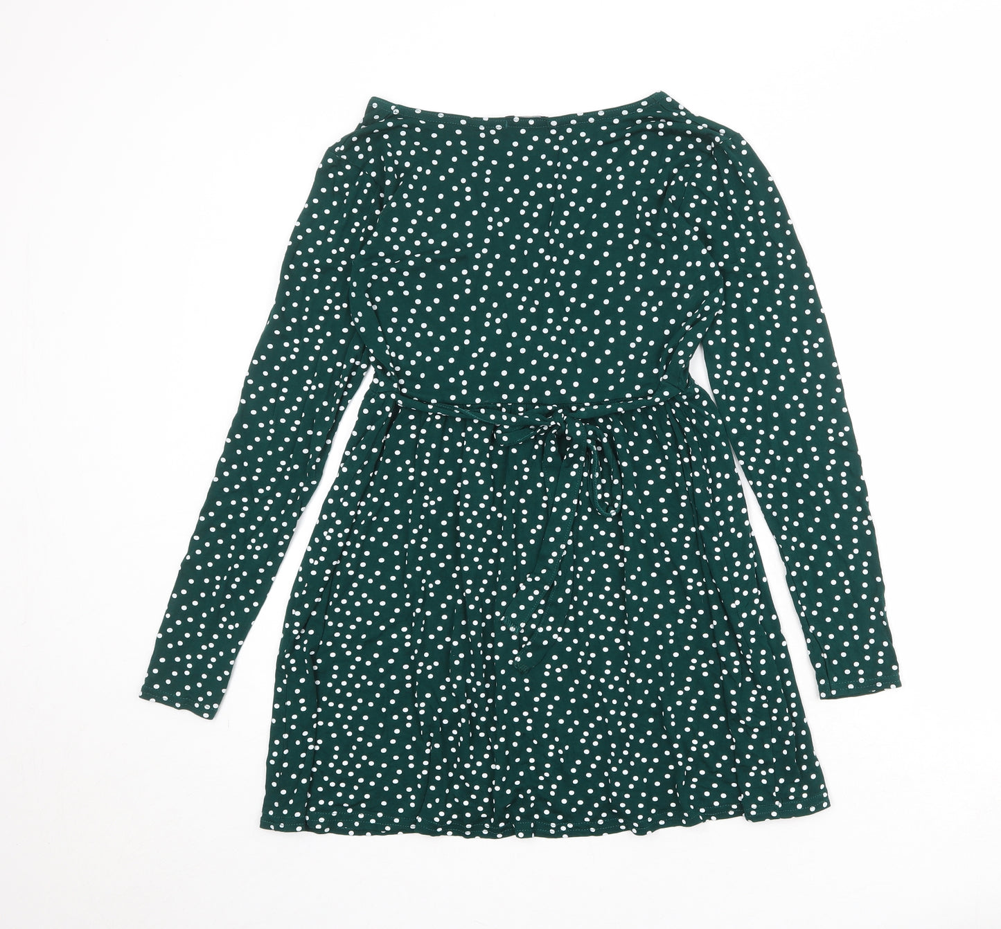 PRETTYLITTLETHING Womens Green Polka Dot Viscose A-Line Size 14 V-Neck Pullover