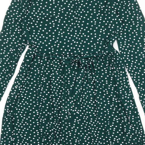 PRETTYLITTLETHING Womens Green Polka Dot Viscose A-Line Size 14 V-Neck Pullover