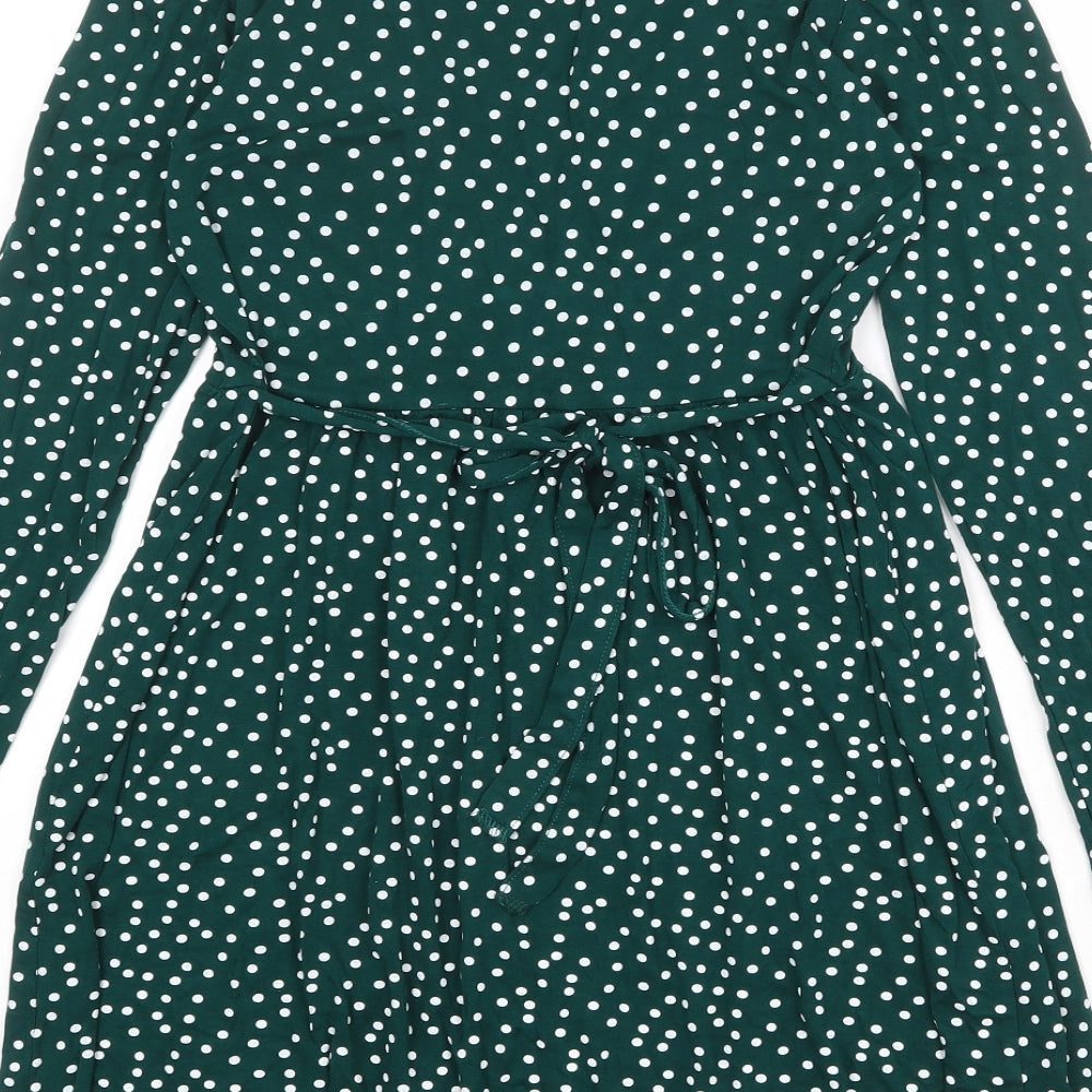 PRETTYLITTLETHING Womens Green Polka Dot Viscose A-Line Size 14 V-Neck Pullover