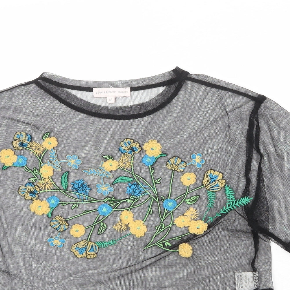 Love & Other Things Womens Black Polyester Basic Blouse Size M Round Neck - Flower