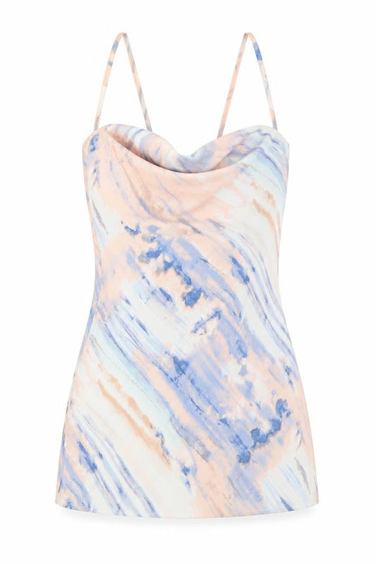 Front view of Quiz women’s multicoloured geometric polyester mini, size UK 6, cowl neck pullover