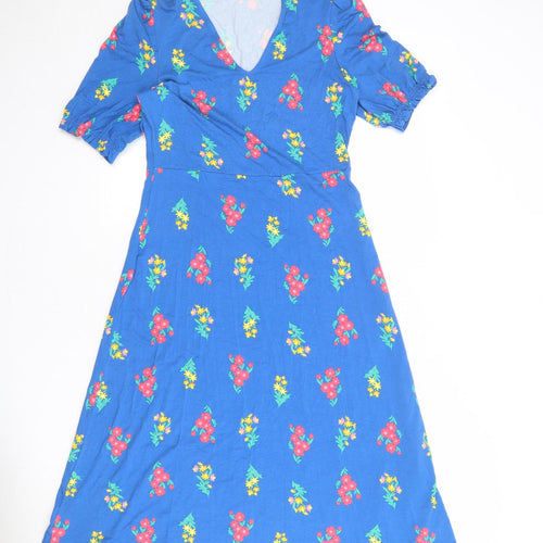 Marks and Spencer Womens Blue Floral Viscose A-Line Size 10 V-Neck Pullover