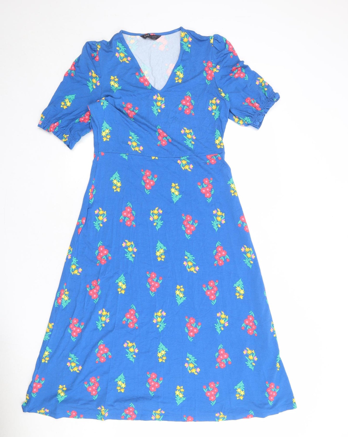 Marks and Spencer Womens Blue Floral Viscose A-Line Size 10 V-Neck Pullover