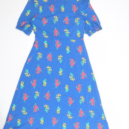 Marks and Spencer Womens Blue Floral Viscose A-Line Size 10 V-Neck Pullover