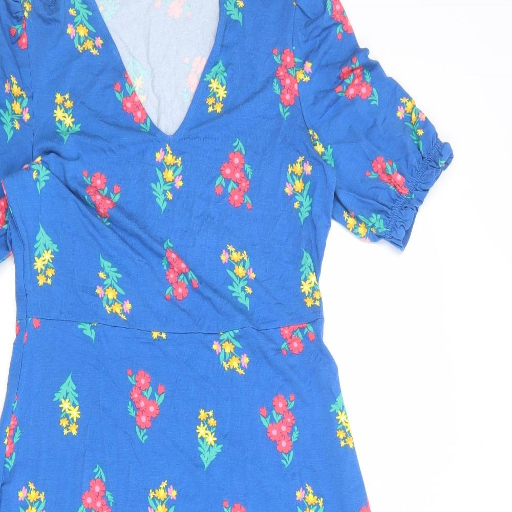 Marks and Spencer Womens Blue Floral Viscose A-Line Size 10 V-Neck Pullover