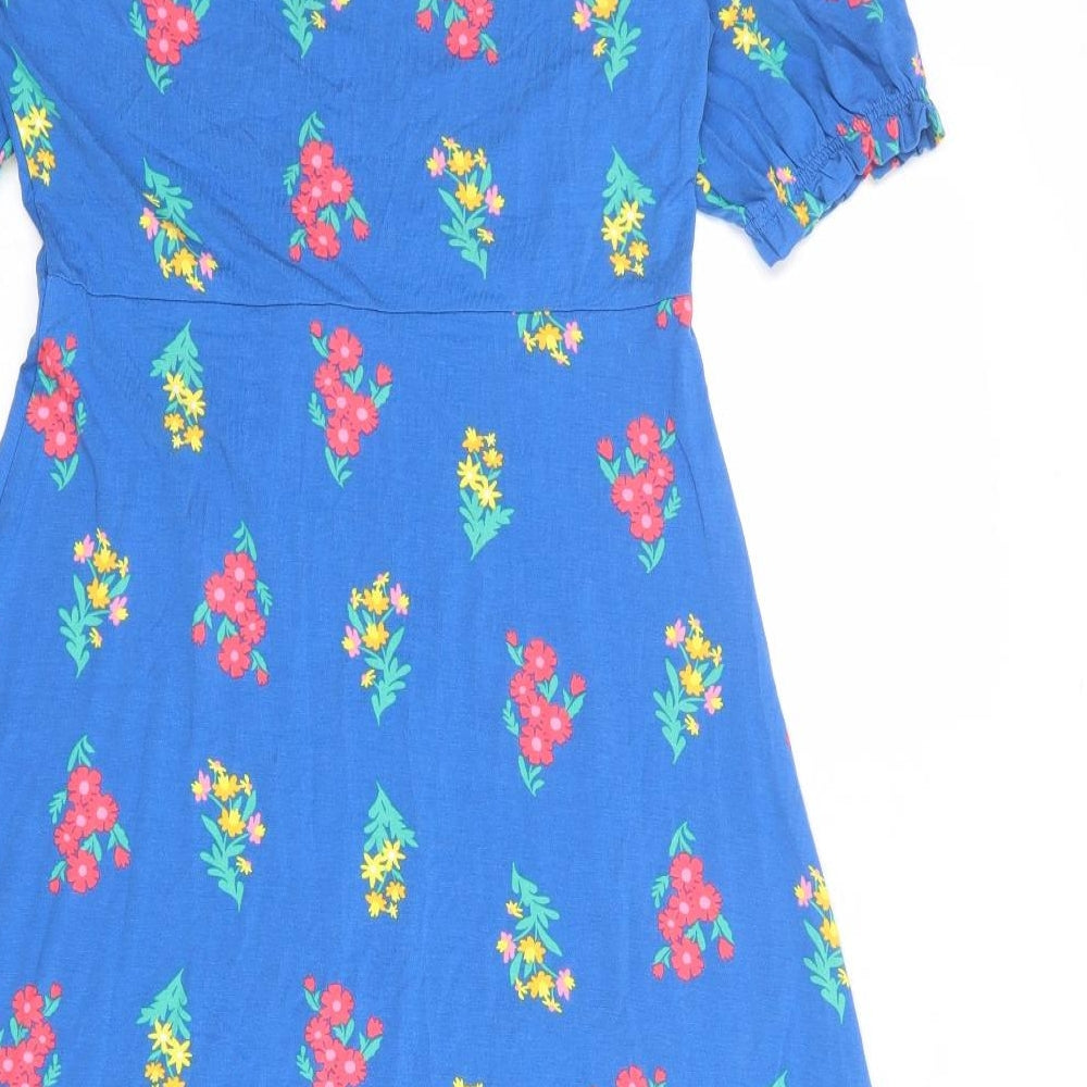 Marks and Spencer Womens Blue Floral Viscose A-Line Size 10 V-Neck Pullover