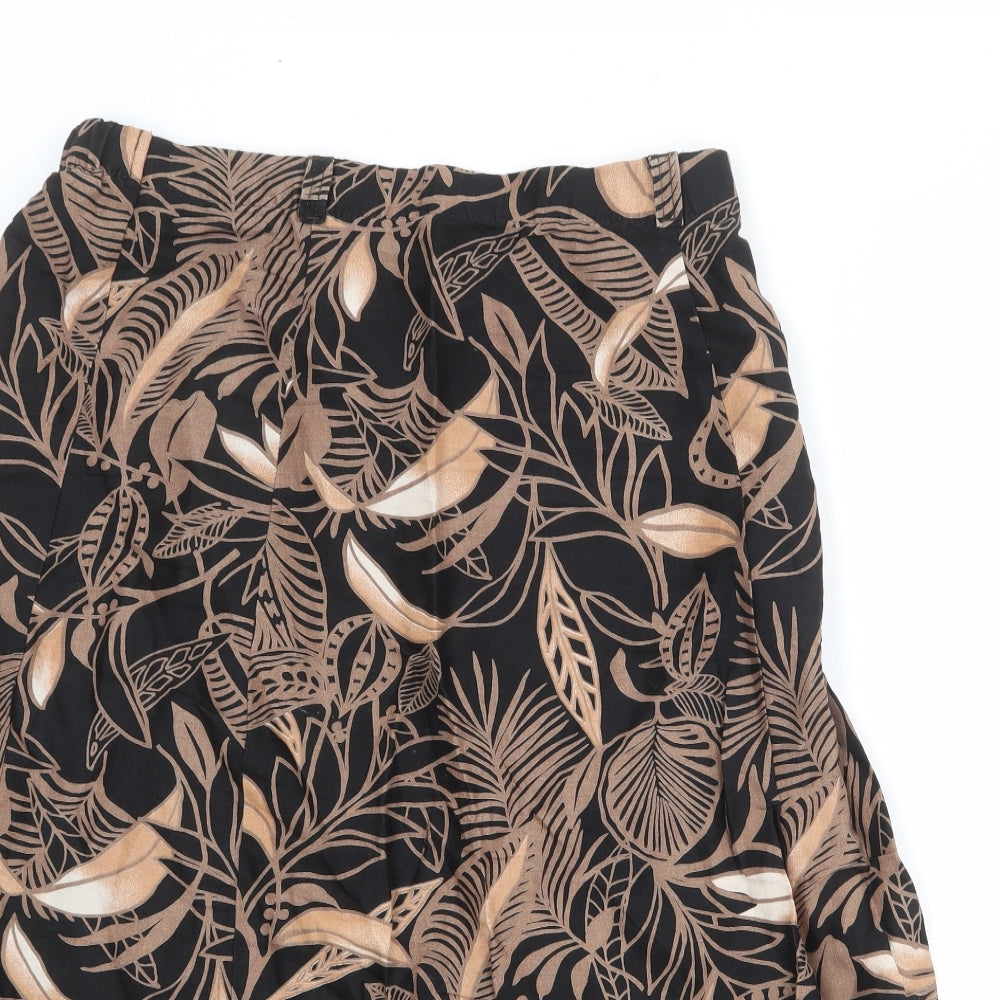 Marks and Spencer Womens Black Geometric Linen Swing Skirt Size 14 - Leaf Pattern