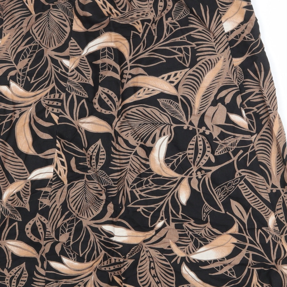 Marks and Spencer Womens Black Geometric Linen Swing Skirt Size 14 - Leaf Pattern