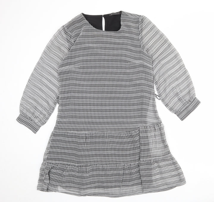 Dynamite Womens Grey Check Polyester A-Line Size M Round Neck Button