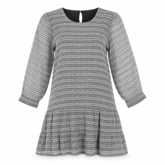 Front view of Dynamite women’s grey check polyester a-line, size M, round neck button