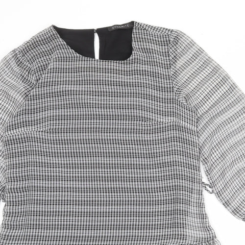 Dynamite Womens Grey Check Polyester A-Line Size M Round Neck Button