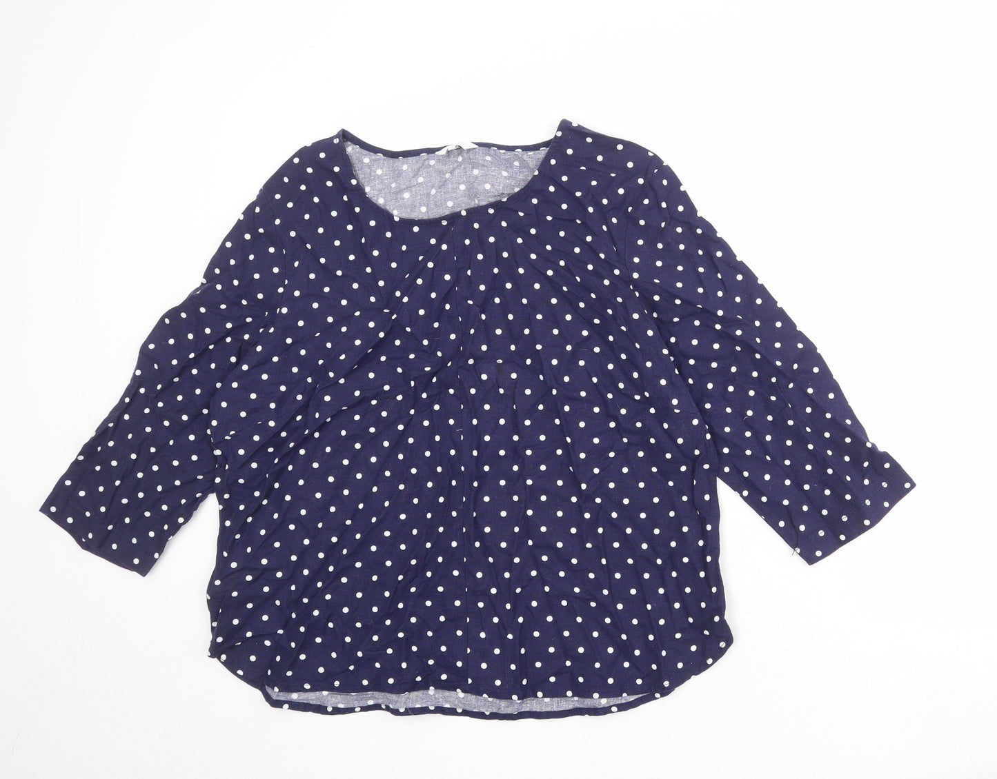 Cotton Traders Womens Blue Polka Dot Linen Basic Blouse Size 16 Round Neck
