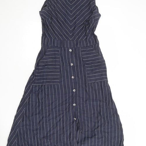 Warehouse Womens Blue Striped Lyocell A-Line Size 12 Round Neck Button