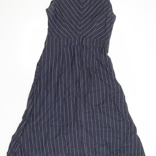 Warehouse Womens Blue Striped Lyocell A-Line Size 12 Round Neck Button