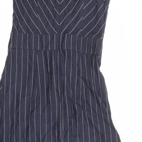 Warehouse Womens Blue Striped Lyocell A-Line Size 12 Round Neck Button