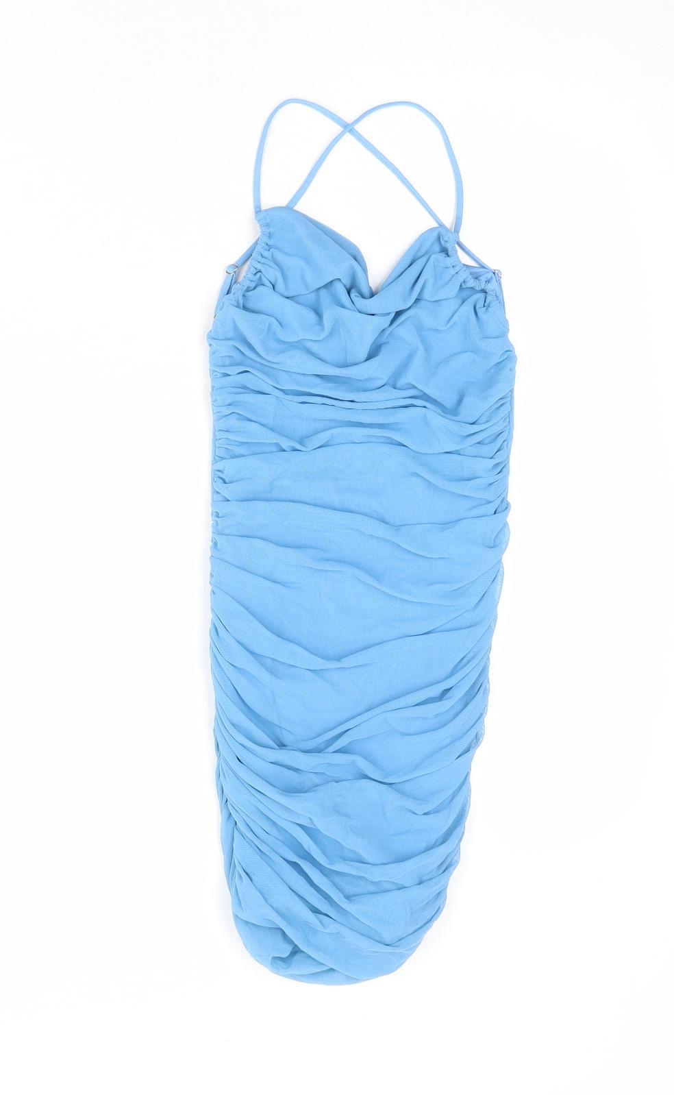 Oh Polly Womens Blue Polyester Bodycon Size 6 Cowl Neck Pullover - Open Back