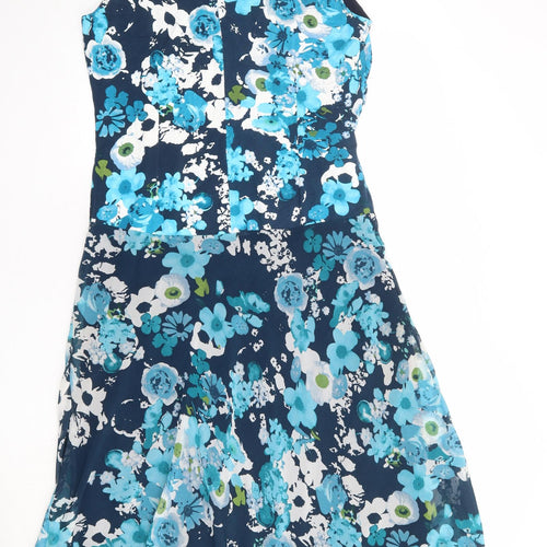 Anna Rose Womens Blue Floral Polyester A-Line Size 16 Round Neck Button