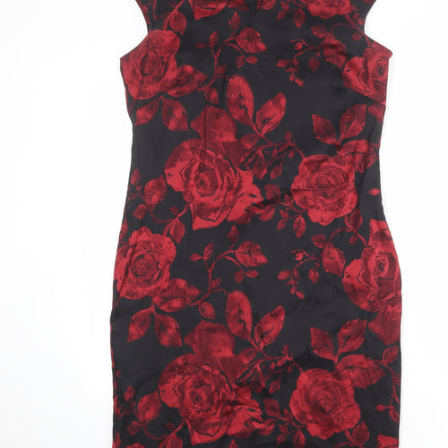 Roman Womens Black Floral Viscose Shift Size 16 V-Neck Zip