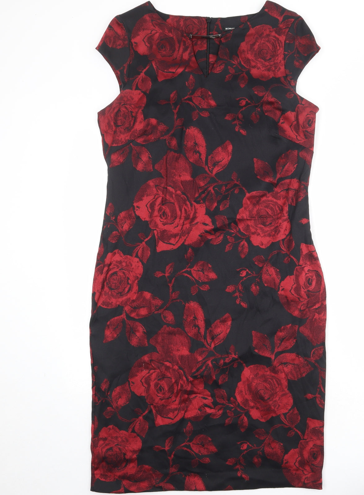 Roman Womens Black Floral Viscose Shift Size 16 V-Neck Zip