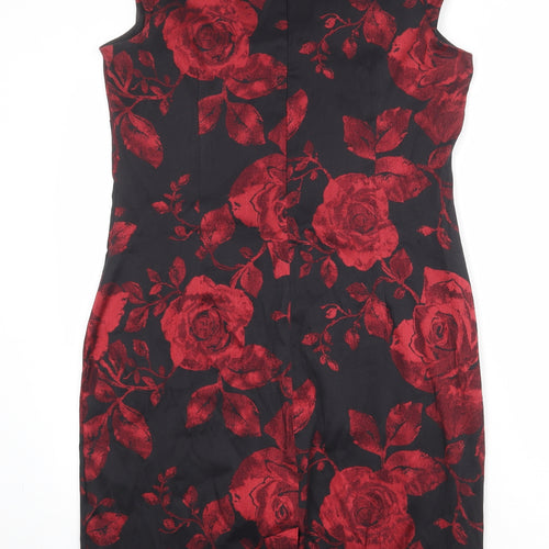 Roman Womens Black Floral Viscose Shift Size 16 V-Neck Zip