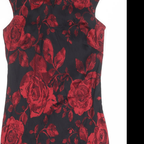 Roman Womens Black Floral Viscose Shift Size 16 V-Neck Zip
