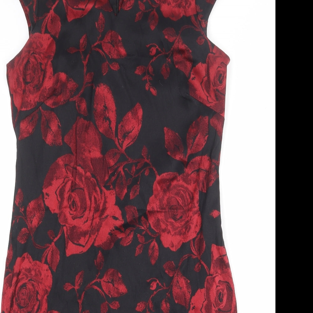 Roman Womens Black Floral Viscose Shift Size 16 V-Neck Zip