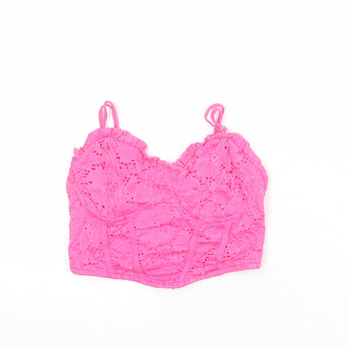 Stradivarius Womens Pink Cotton Cropped Tank Size S Sweetheart - Shirred Back Corset Style