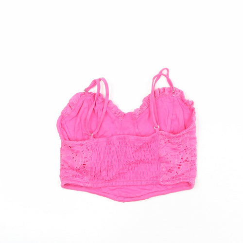 Stradivarius Womens Pink Cotton Cropped Tank Size S Sweetheart - Shirred Back Corset Style