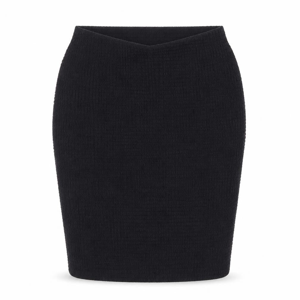 Front view of Marks & Spencer women’s black polyester bandage skirt, size UK 10