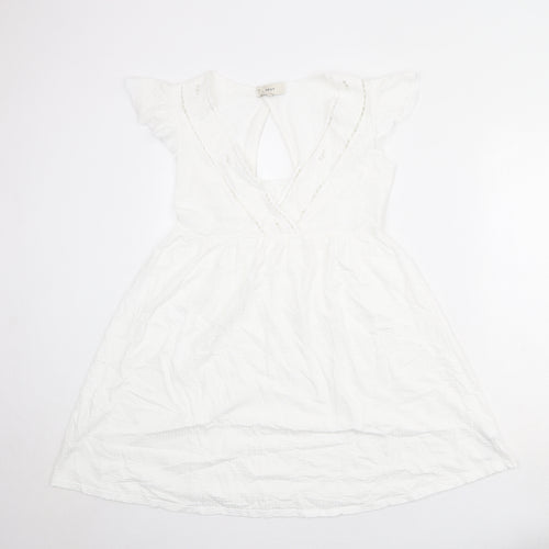 NEXT Womens White 100% Cotton Fit & Flare Size 8 V-Neck Pullover - Ruffle