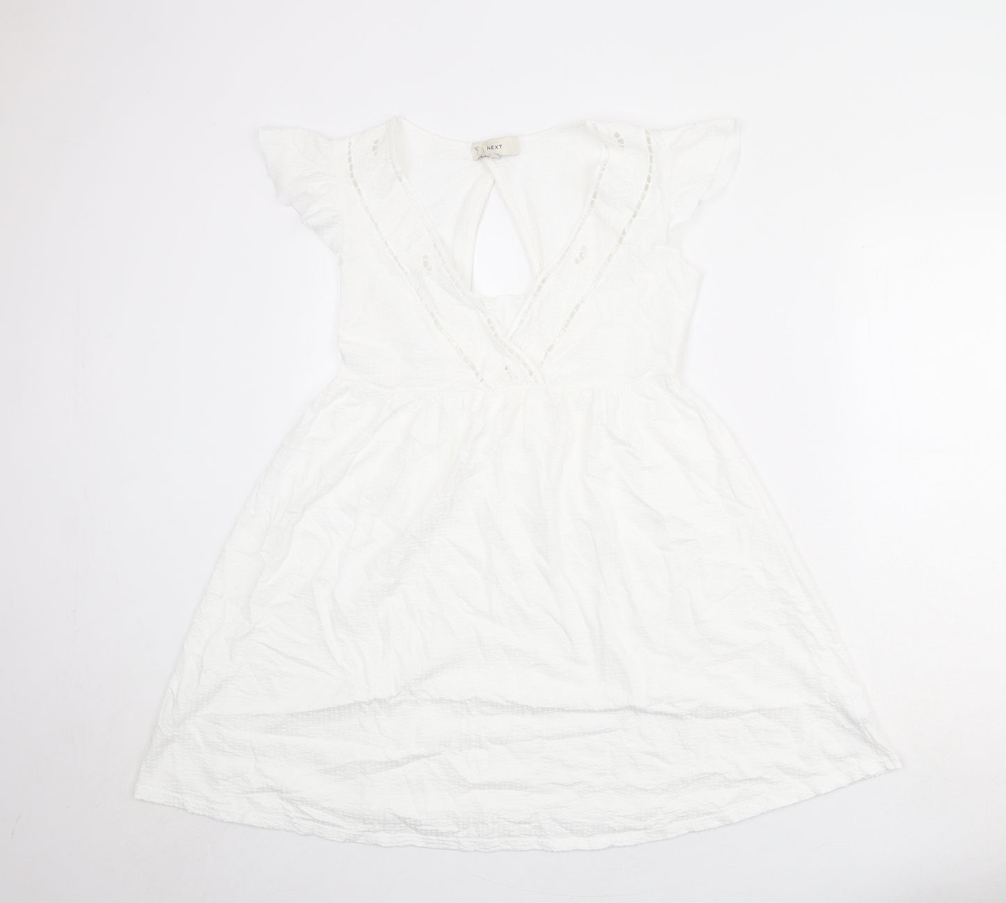 NEXT Womens White 100% Cotton Fit & Flare Size 8 V-Neck Pullover - Ruffle
