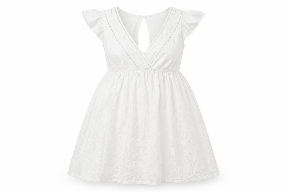 Front view of Next women’s white 100% cotton fit & flare, size UK 8, v-neck pullover - ruffle