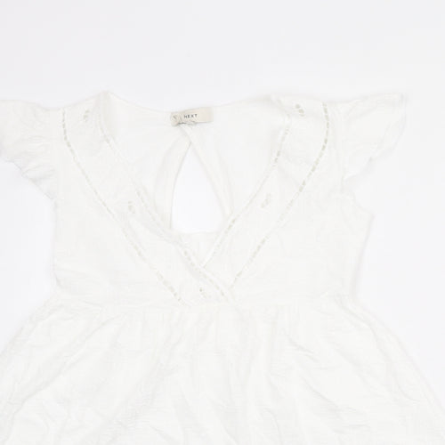 NEXT Womens White 100% Cotton Fit & Flare Size 8 V-Neck Pullover - Ruffle