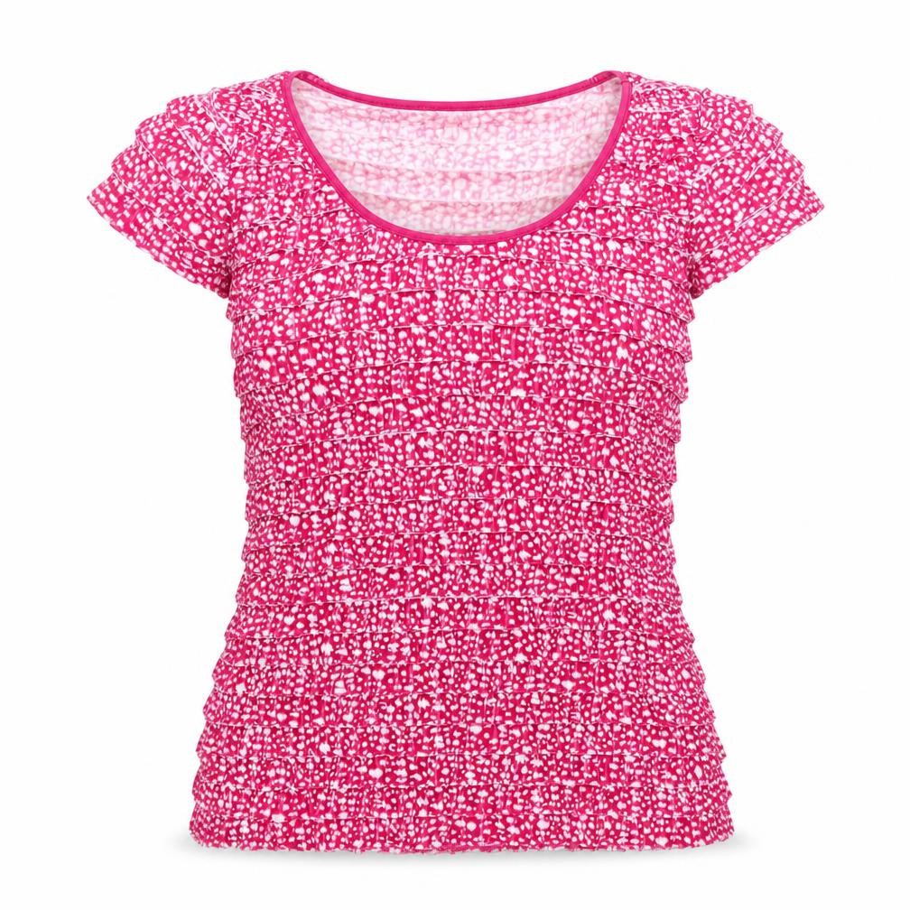 Front view of Phase Eight women’s purple geometric polyester basic t-shirt, size UK 12, scoop neck
