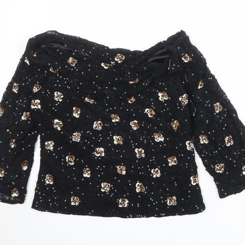 Gina Bacconi Womens Black Floral Viscose Basic Blouse Size 14 Boat Neck