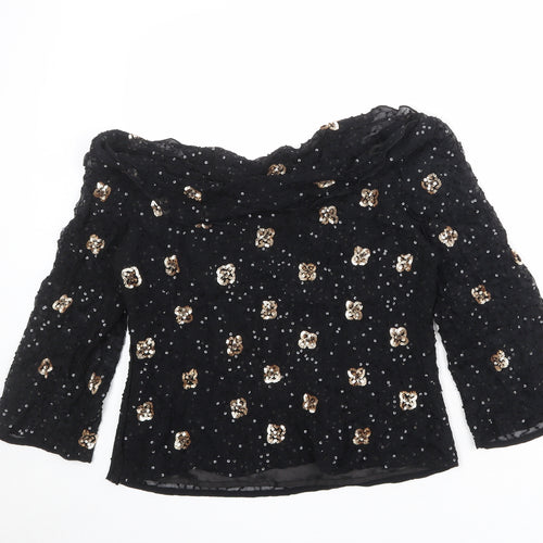 Gina Bacconi Womens Black Floral Viscose Basic Blouse Size 14 Boat Neck
