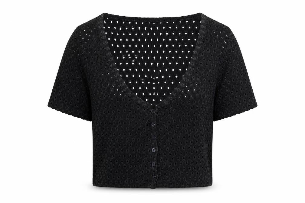 Front view of H&M women’s black scoop neck polyester cardigan jumper, size L