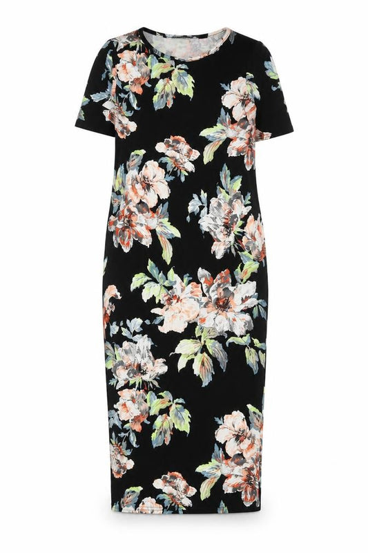 Front view of Boohoo women’s black floral polyester a-line, size UK 8, round neck pullover