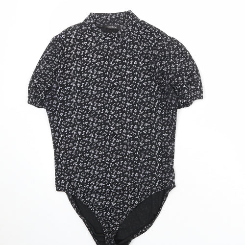 Boohoo Womens Black Floral Polyester Bodysuit One-Piece Size 14 Snap