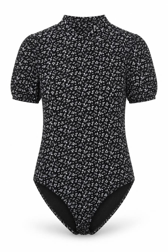 Boohoo Womens Black Floral Polyester Bodysuit One-Piece Size 14 Snap