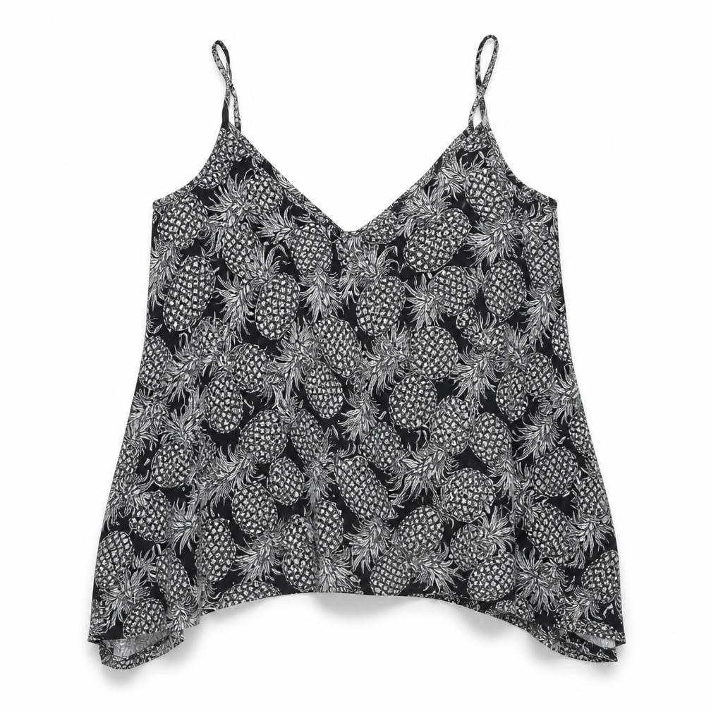 Front view of H&M women’s black geometric polyester basic t-shirt, size S, v-neck - pineapple